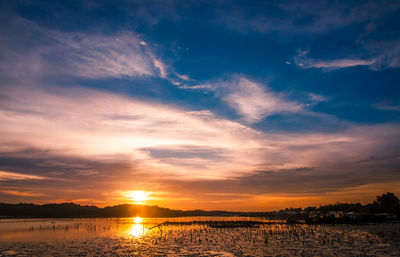 Scenic view of wetland against sky during sunset