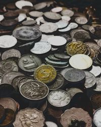 High angle view of coins