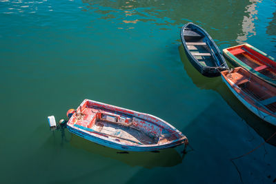 High angle view of ship moored in sea