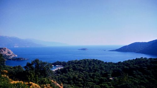 High angle view of bay against clear sky