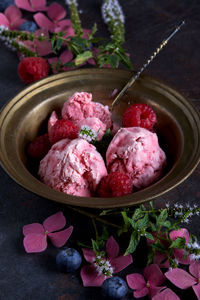 High angle view of ice cream in bowl on table