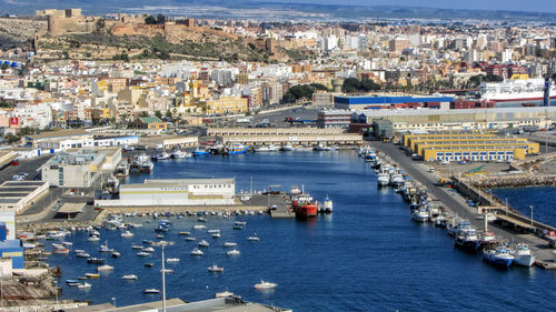 High angle view of city at sea