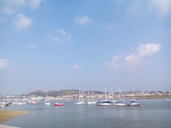 Boats moored at harbor against sky