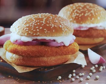 Close-up of burger on table