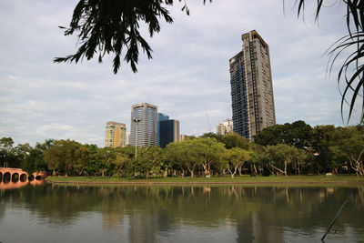 Scenic view of lake by buildings against sky