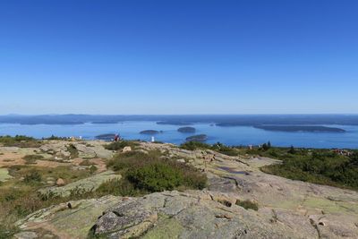 Scenic view of sea against clear blue sky