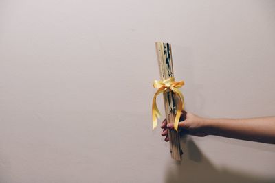 Cropped image of person holding hand fan against wall