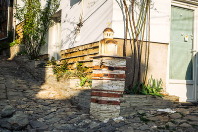 Potted plants on footpath outside building