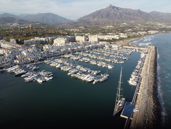 High angle view of marina in city