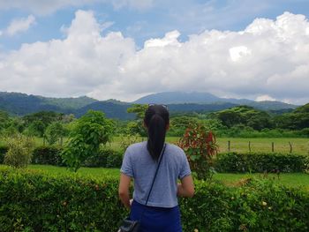 Rear view of woman standing by plants against sky