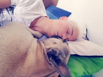 Close-up of woman and dog sleeping on bed at home