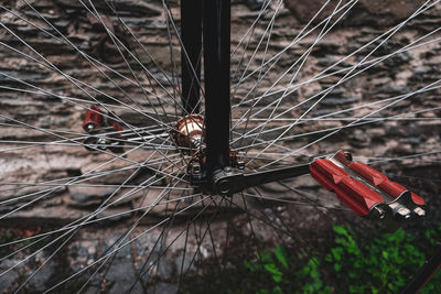 High angle view of bicycle wheel on field