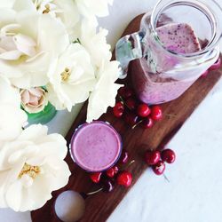 High angle view of various flowers on table