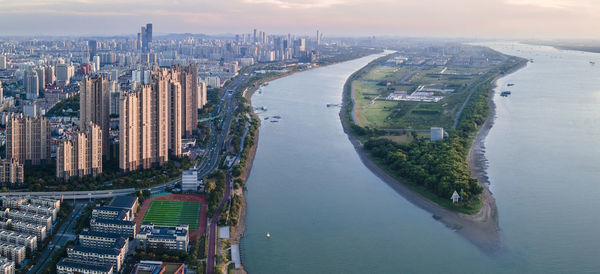 High angle view of buildings in city