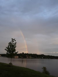 Scenic view of rainbow over lake against sky