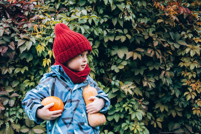 Autumn, little child holding an orange pumpkin. thanksgiving and halloween season. 