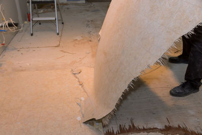 Low section of man standing on wooden floor