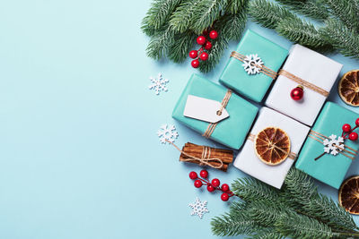 High angle view of christmas decorations on table