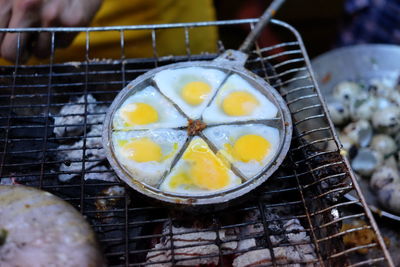 High angle view of food on barbecue grill