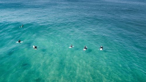 High angle view of people swimming in sea
