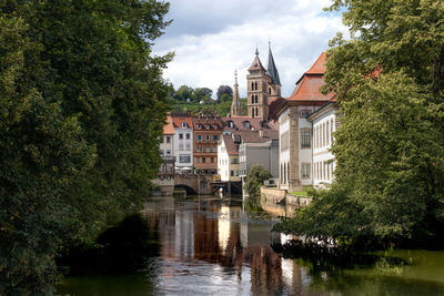 Buildings by river against sky in city