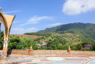 View of fountain with mountain in background