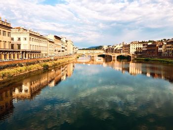 Reflection of buildings and clouds in river