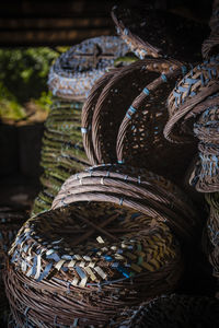 Wicker baskets for sale at street market during night