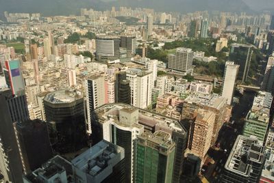 High angle view of modern buildings in city