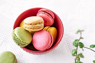 Colorful french macarons in pink bowl on white tablecloth. tasty cakes macaroon of different colors.