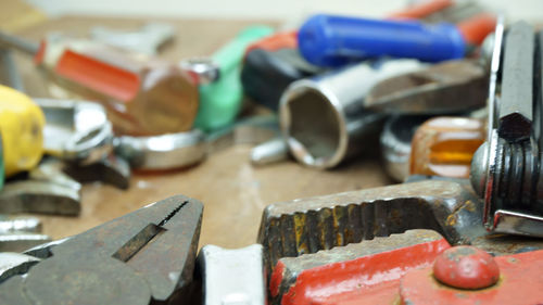 Close-up of work tools on table