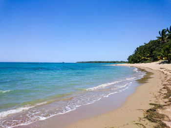 Scenic view of beach against clear blue sky