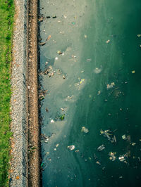 Top view of pinheiros river bank pollution and rocks.