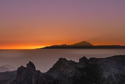 Scenic view of silhouette mountains against sky during sunset