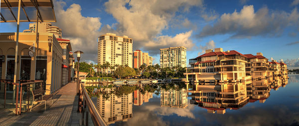 Panoramic view of buildings and river against sky