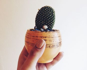 Close-up of hand holding ice cream against white background