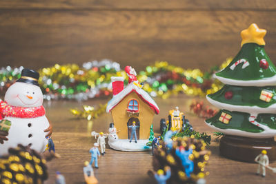 High angle view of christmas decorations on table at home