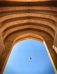 Low angle view of birds flying against clear sky