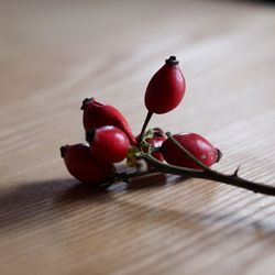 Close-up of cherries on table