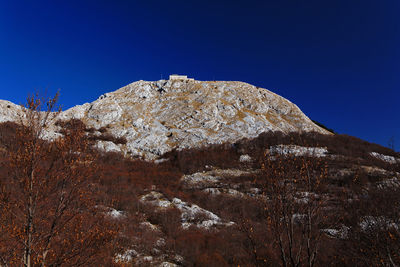 Low angle view of rock formation against clear blue sky