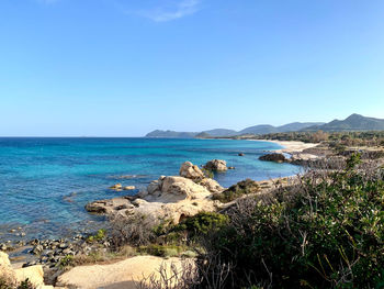 Scenic view of sea against clear blue sky