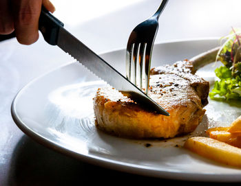 Close-up of pizza in plate on table