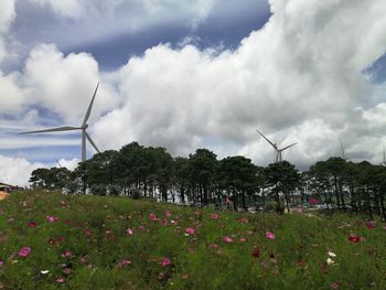 Traditional windmill on field against sky