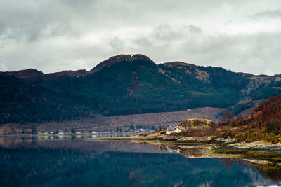 Scenic view of lake and mountains against sky