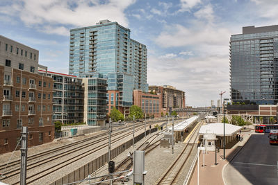 Train tracks near union station, under millennium bridge.  riverfront park, denver, colorado 