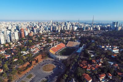 High angle view of buildings in city