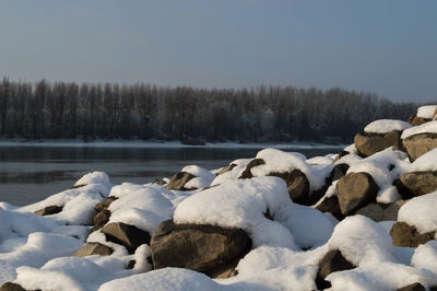 Snow on rocks at riverbank during winter