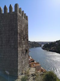 Castle by sea against clear blue sky