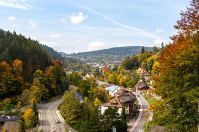 Road amidst trees and buildings against sky during autumn