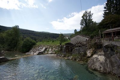 River amidst trees and buildings against sky